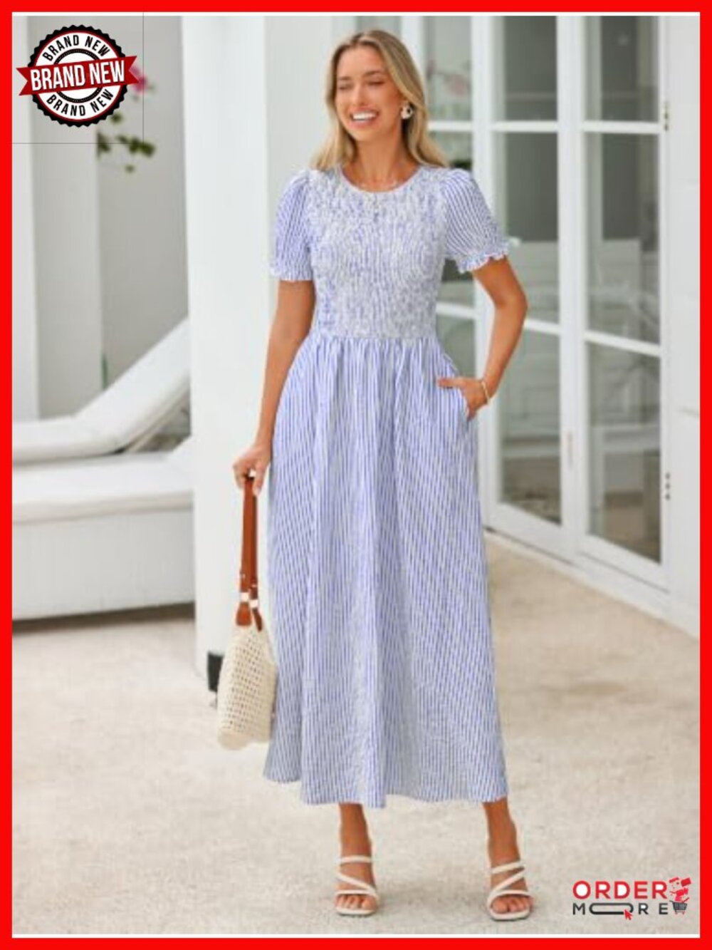 Smocked Puff Sleeve High Waist Midi Dress with Pockets - Picture 6 of 6